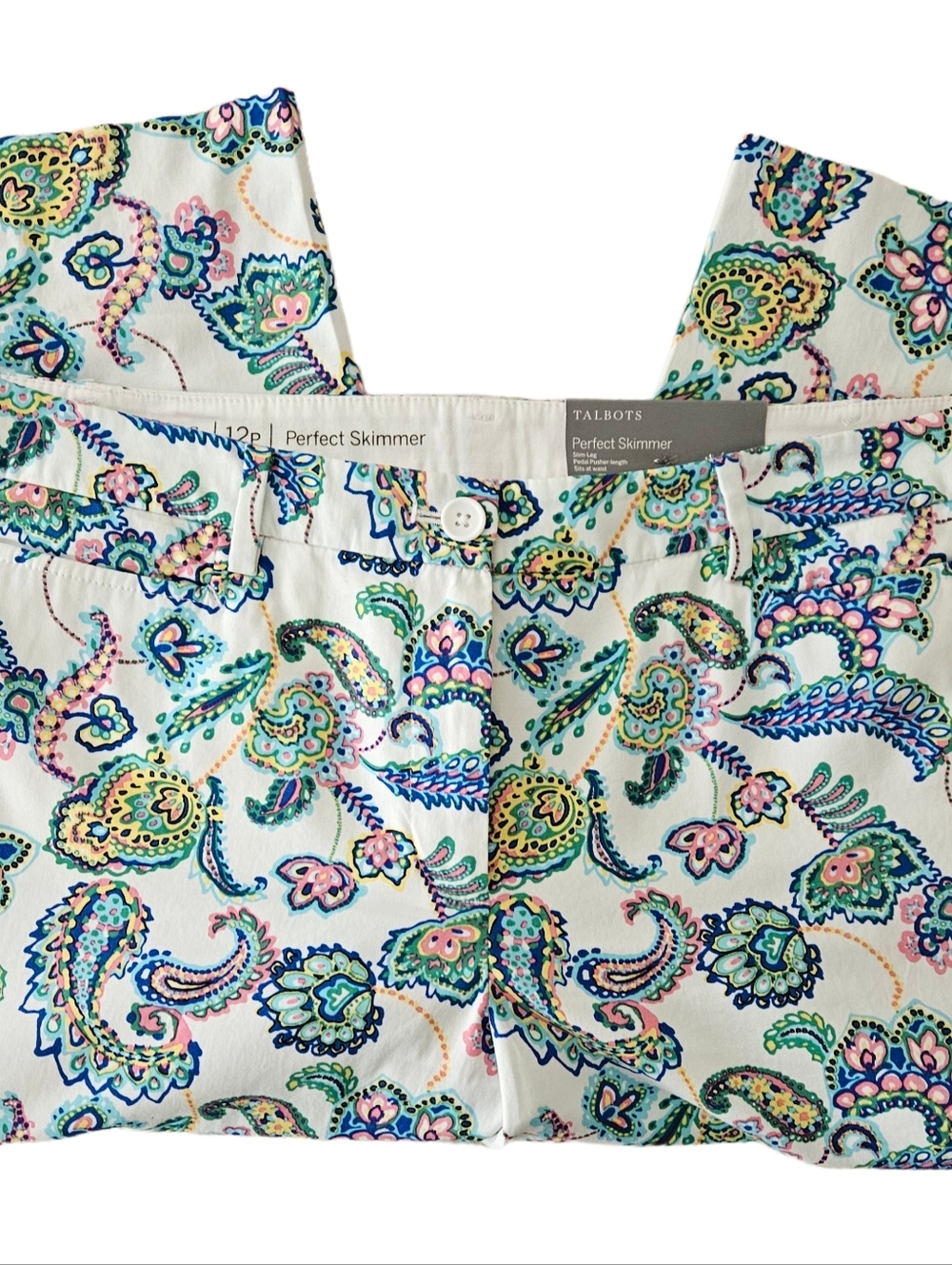 Talbots NWT! White Paisley-Print Cropped Pants with Multicolor Motif Size 12P